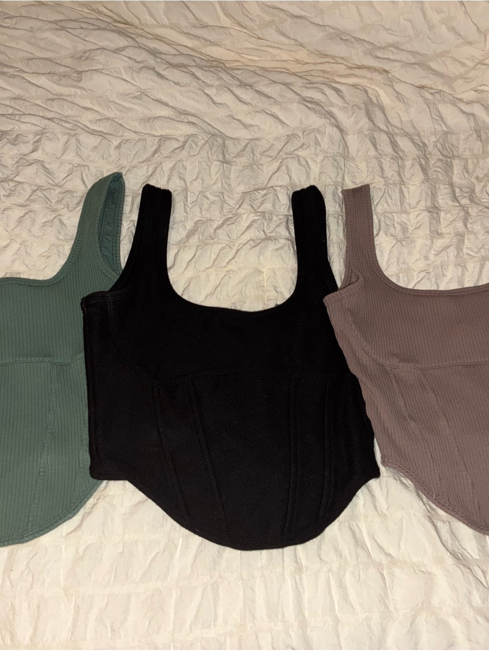 PINK Victoria's Secret Ribbed Corset-Hem Tank Trio: Black, Sage Green & Taupe XS